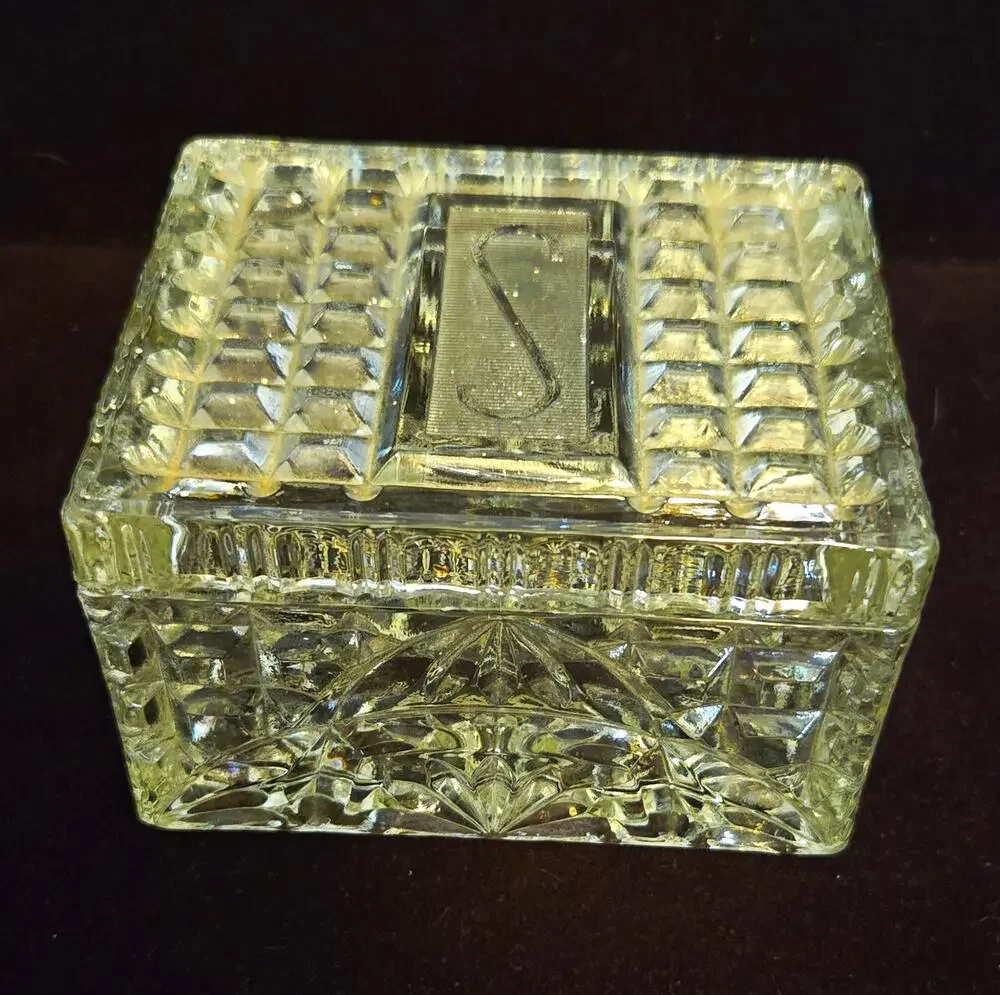 Vtg Cut Glass Rectangle Cigarette Box Lid Monogram Initial S Trinket Candy Dish